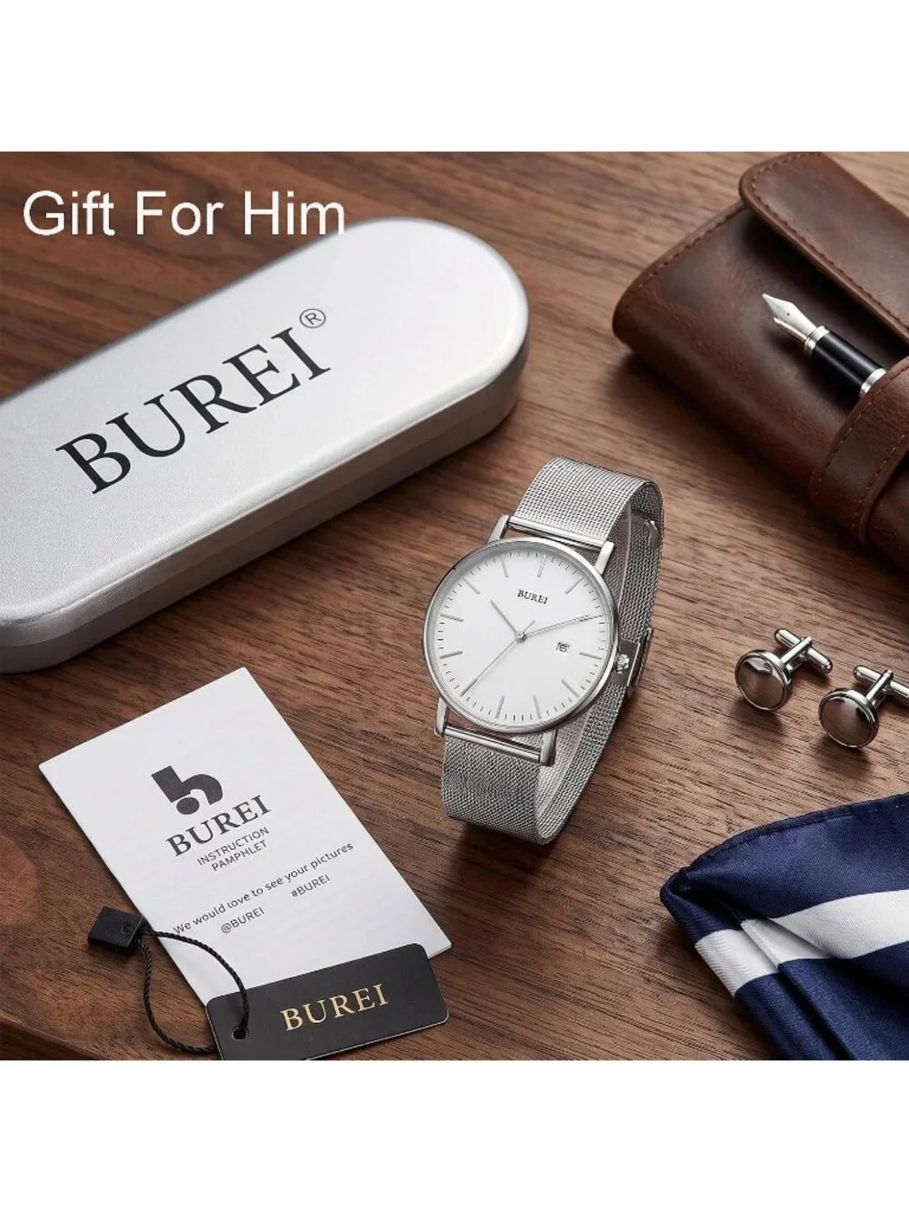 Men's Silver Stainless Steel Mesh Band Minimalist Analog Waterproof Wrist Watch